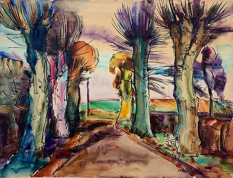 Peter August Böckstiegel, Weidenallee, 1936, Aquarell und Tusche auf Papier, 70 x 50 cm, Peter-August-Böckstiegel-Stiftung, Werther (Westf.), Schenkung aus Privatbesitz 2020, Foto: David Riedel