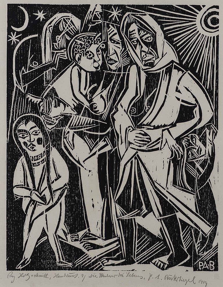 Peter August Böckstiegel, Die Wanderer des Lebens, 1919, Holzschnitt