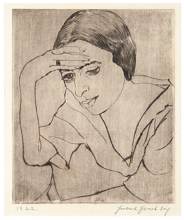 Herbert Ebersbach, Junge Frau, den Kopf aufstützend (Grete Scholz), 1922, Radierung