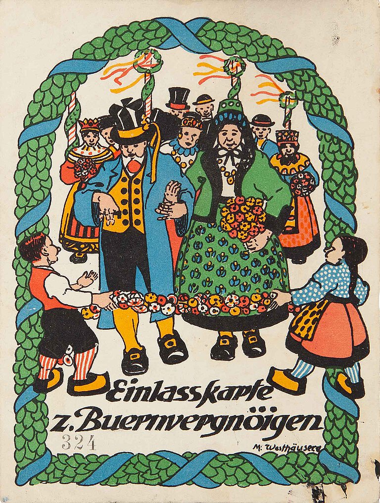 Max Westhäuser, Einlasskarte zum Buernvergnoigen der Roten Erde, um 1913, Postkarte, Kunsthalle Bielefeld, Foto: Ingo Bustorf