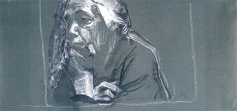 Käthe Kollwitz: Selbstbildnis nach links, mit Hand am Kinn, 1924	