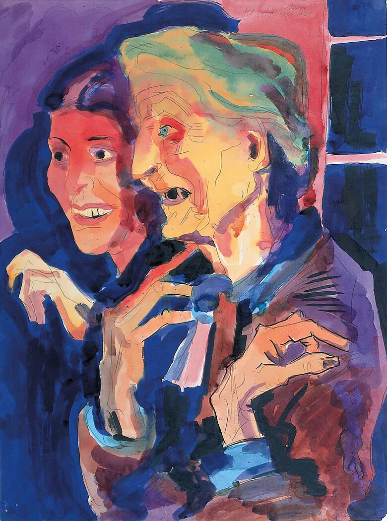 Peter August Böckstiegel, Meine Mutter mit Tochter, lachend, um 1924, Aquarell und Tusche auf Papier, 75,5 x 56,5 cm, Peter-August-Böckstiegel-Stiftung, Werther (Westf.), Foto: Vincent Böckstiegel