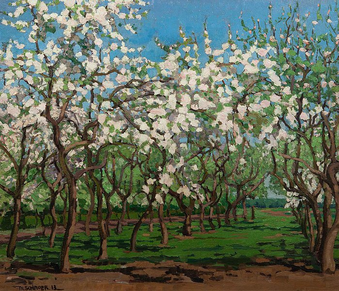 Max Schröer, Blühende Obstbäume, 1913, Öl auf Pappe, 68 x 78 cm, Privatbesitz, Foto: Ingo Bustorf, Copyright: Nachlass Max Schröer