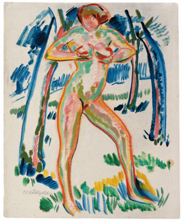 Peter August Böckstiegel, Akt im Freien, 1914, Öl und Deckfarben auf Japan, 61 × 49 cm, Kunsthalle Bielefeld