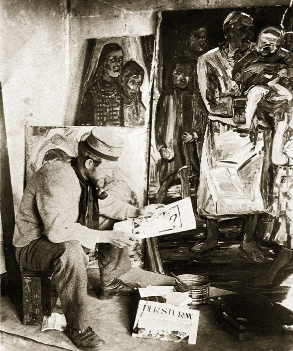 Peter August Böckstiegel als Landsturmmann in seinem „Atelier“ in Klein Tschansch in Schlesien