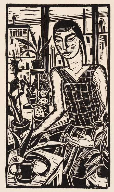 Gertrud Breyholz, Junge Frau am Fenster, um 1926, Linolschnitt, 21,3 x 12,3 cm, Privatbesitz, Foto: Ingo Bustorf