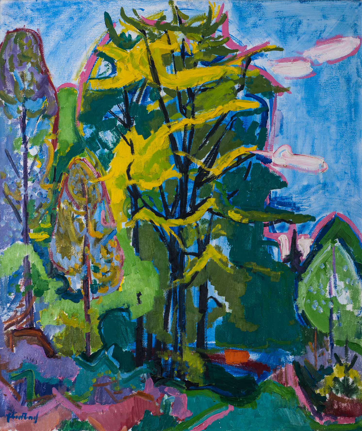Herbert Ebersbach, Baumgruppe im Frühling, um 1964, Öl auf Leinwand