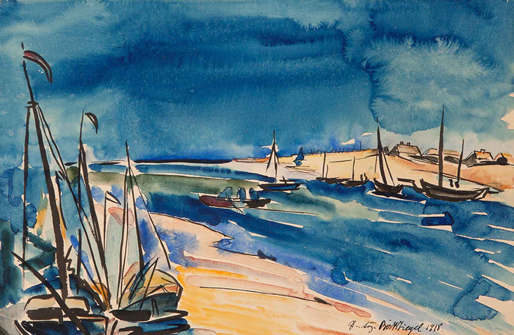 Peter August Böckstiegel, Bootshafen in Braila, Ukraine, Mündung des Don ins Schwarze Meer, 1918, Aquarell auf Papier 