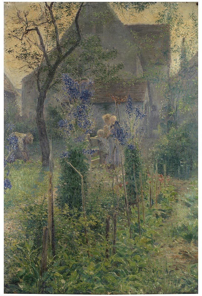 Robert Sterl: Hausgarten mit Rittersporn, um 1891